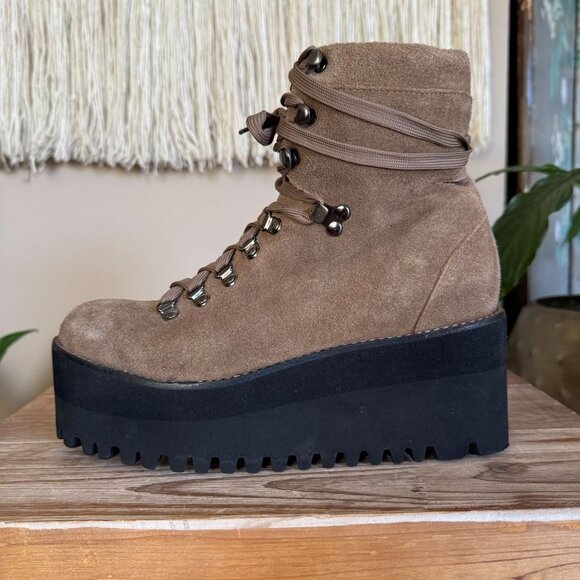 Jeffrey Campbell Tan Genuine Suede Leather Hiking Lug Sole Platform Wedge Boots - Picture 5 of 14